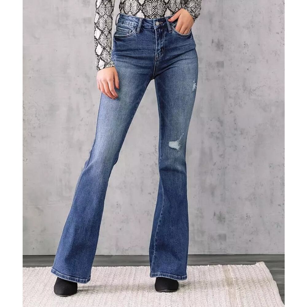 Vervet Denim High Rise Stretch Distressed Wide Leg Flare Blue Jeans Size 32